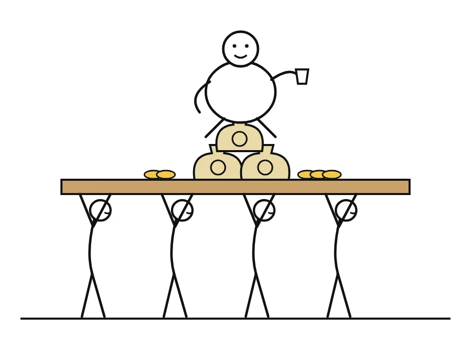 Cartoon: thin figures carrying a platform with one seated figure