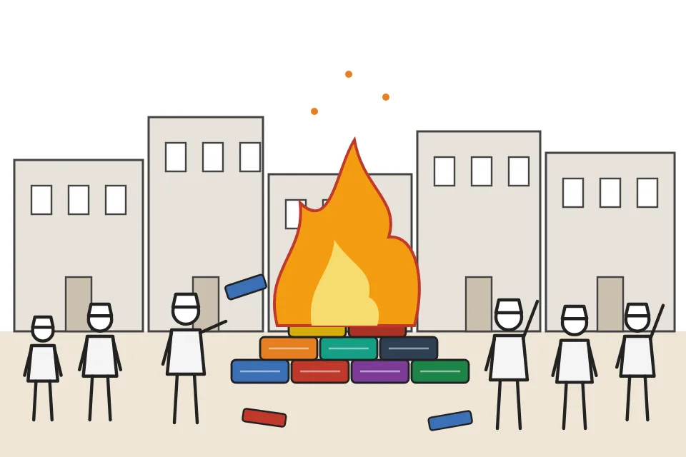 Picture: townspeople around a large fire with a heap of cloth
