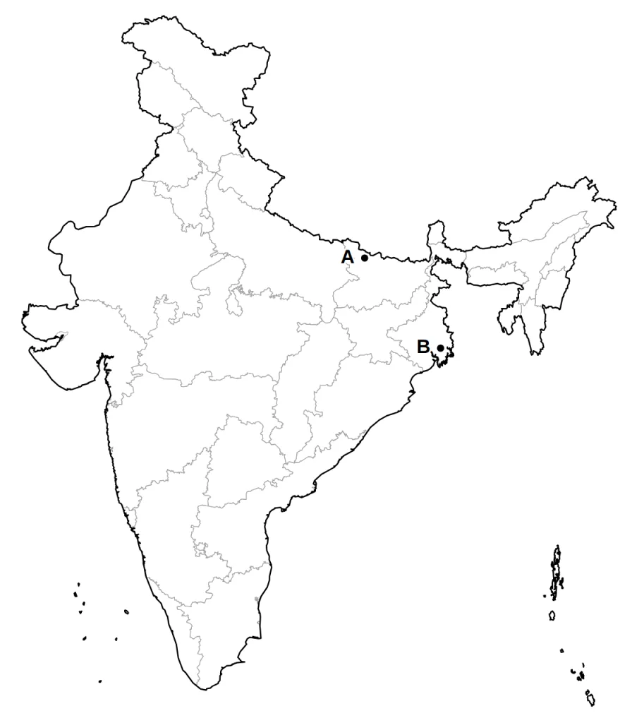 Outline map of India with two places marked A and B