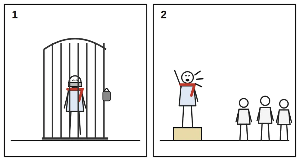 Two-panel cartoon: a caged figure, then the same figure speaking to people