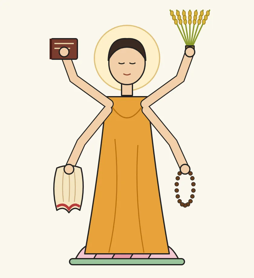A calm standing woman with four arms, each hand holding something