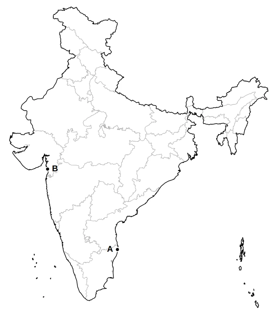 Outline map of India with two places marked A and B