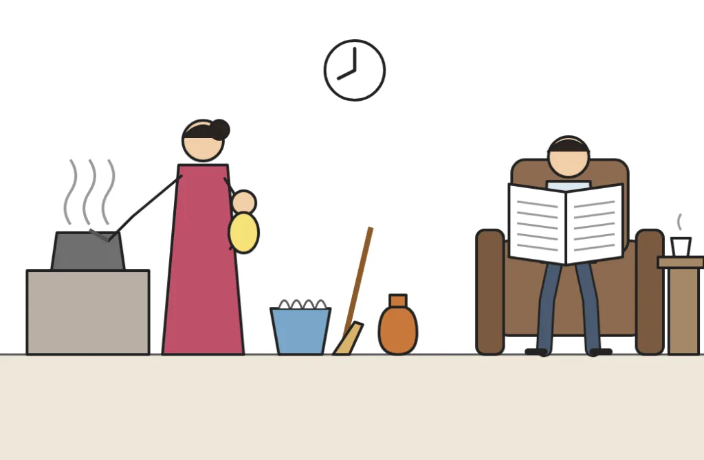 A home: one adult busy with many tasks, another seated and reading