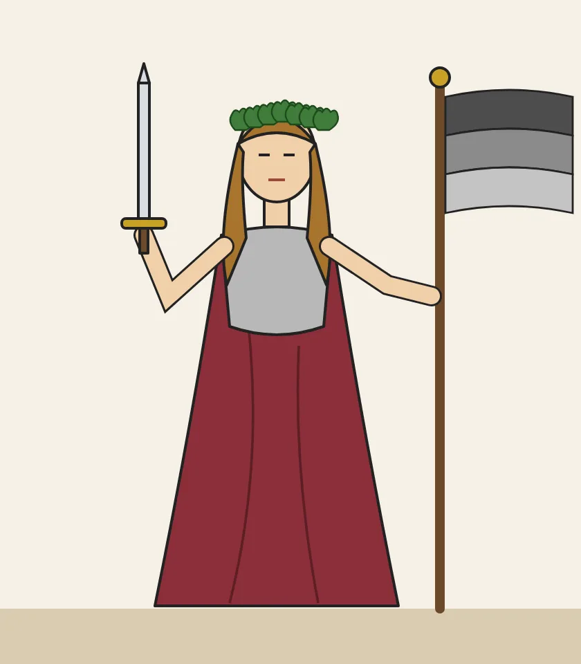 A standing woman with a leafy crown, a sword and a three-banded flag