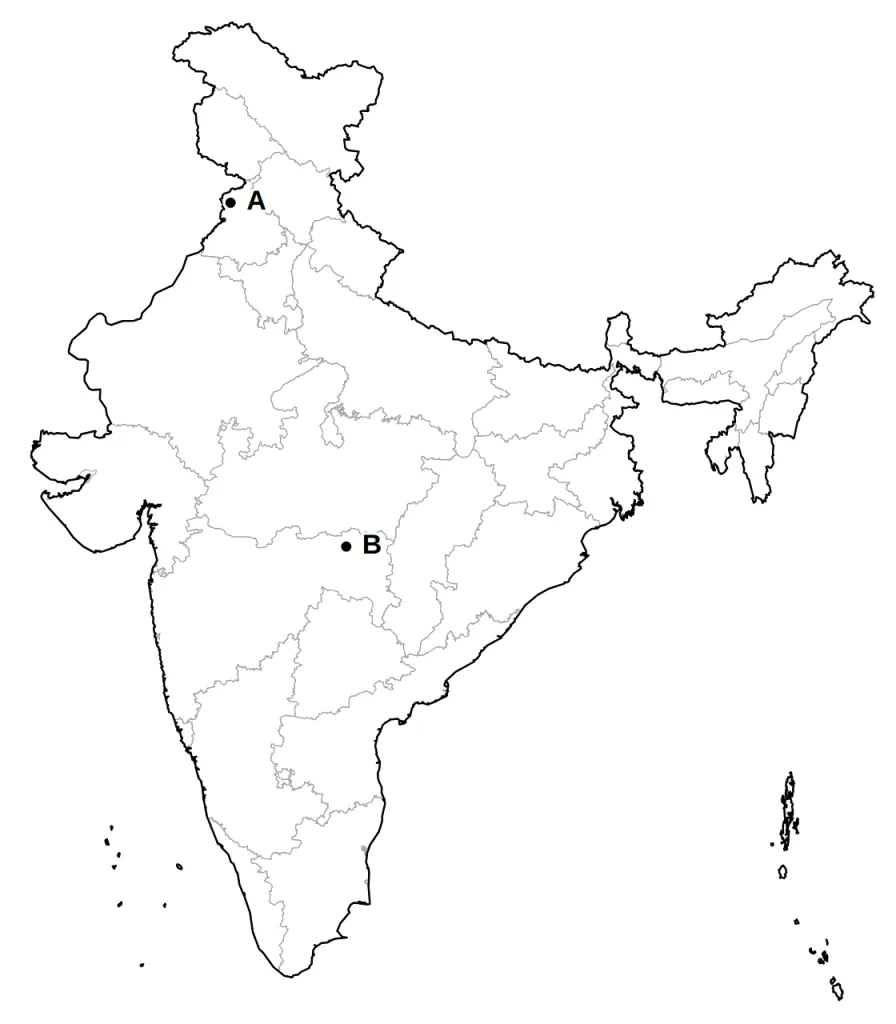 Outline map of India with two places marked A and B