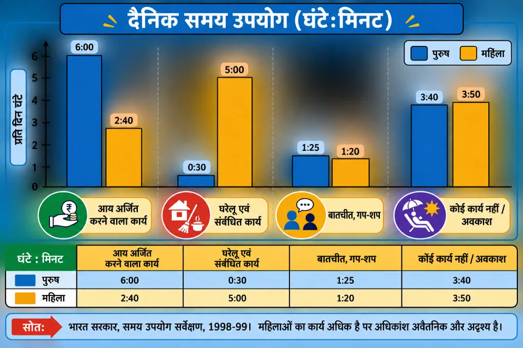 पुरुष और महिला के दैनिक समय उपयोग का दंड आरेख