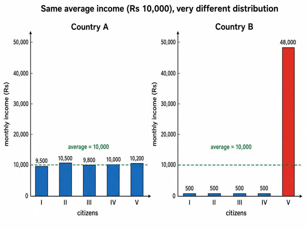 Two countries with equal average income but different distribution