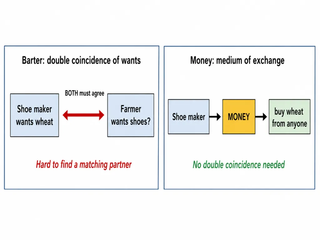 Barter double coincidence versus money as medium of exchange