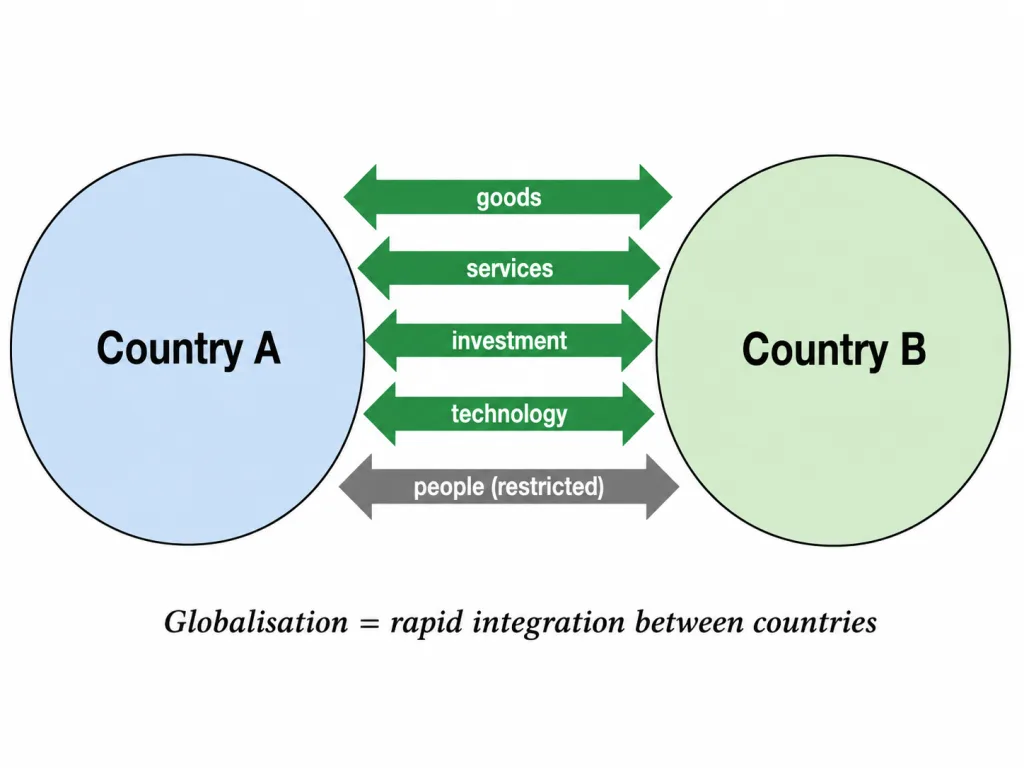 Flows of goods, services, investment and technology between countries