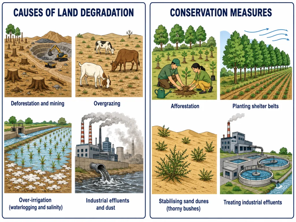 Causes of land degradation and measures to conserve land