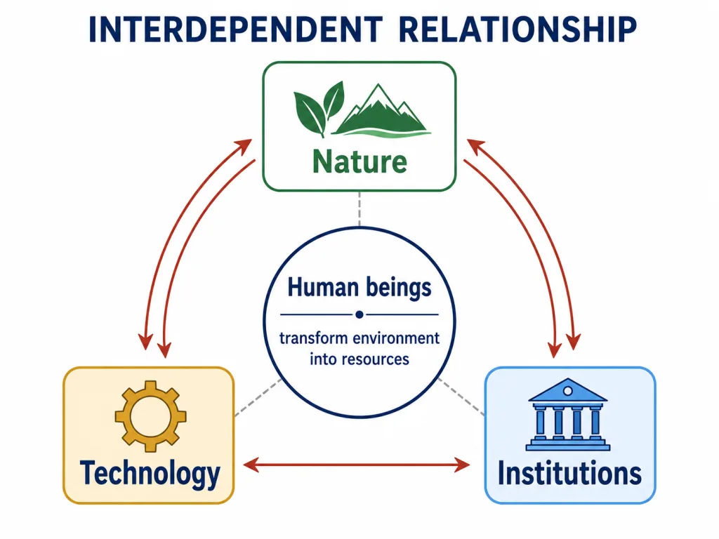 Cycle linking nature, technology and institutions in resource creation