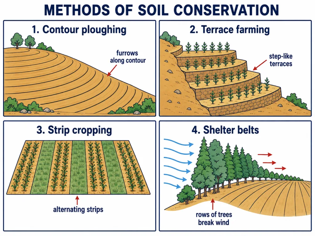 Four soil conservation methods including contour ploughing and terracing
