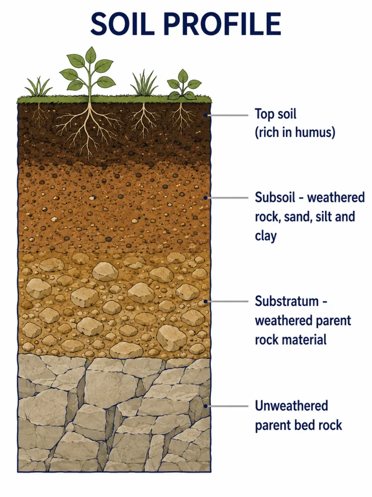 Vertical soil profile from top soil down to bedrock