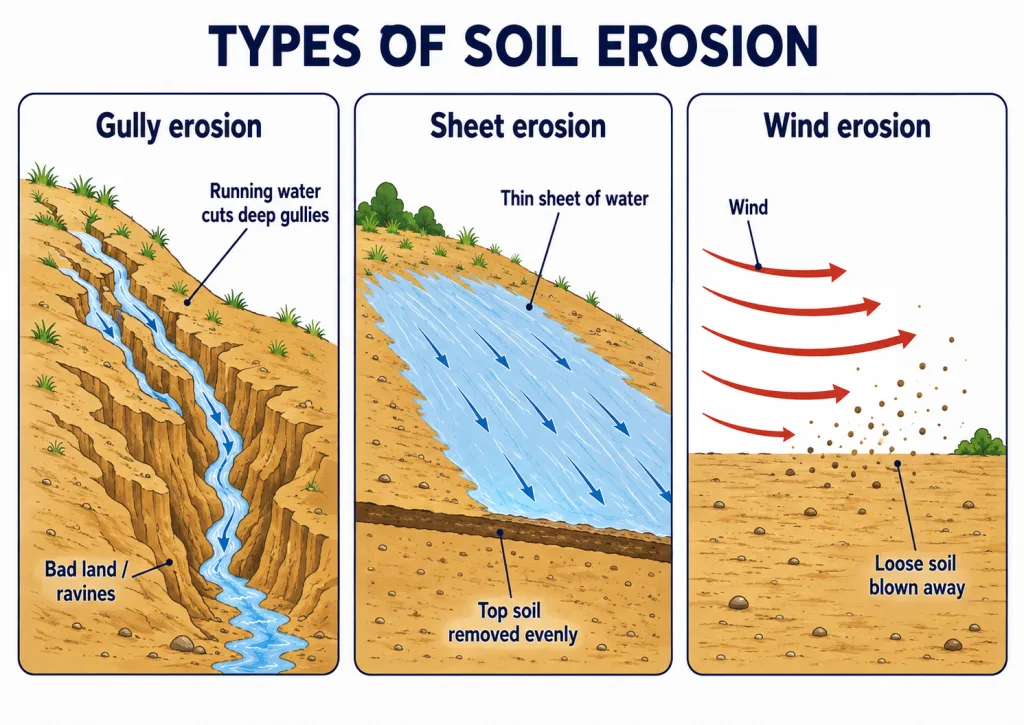 Gully, sheet and wind types of soil erosion
