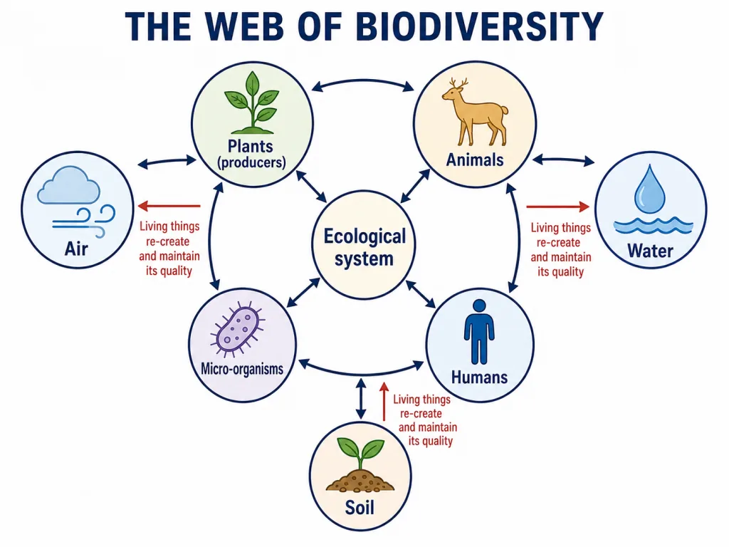 Web of biodiversity linking plants, animals, microbes and humans