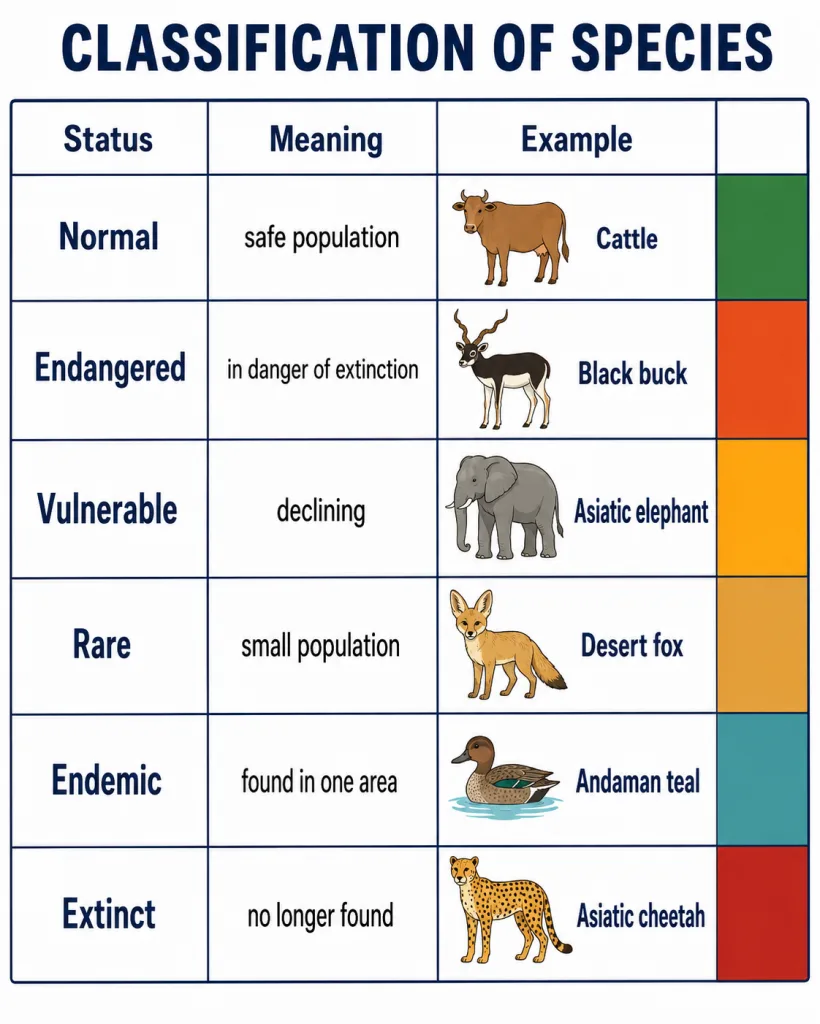 Classification of species from normal to extinct with examples