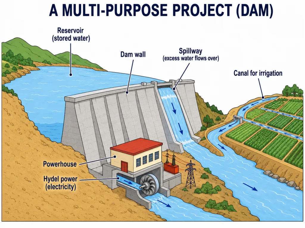 Cross-section of a dam showing reservoir, spillway and powerhouse
