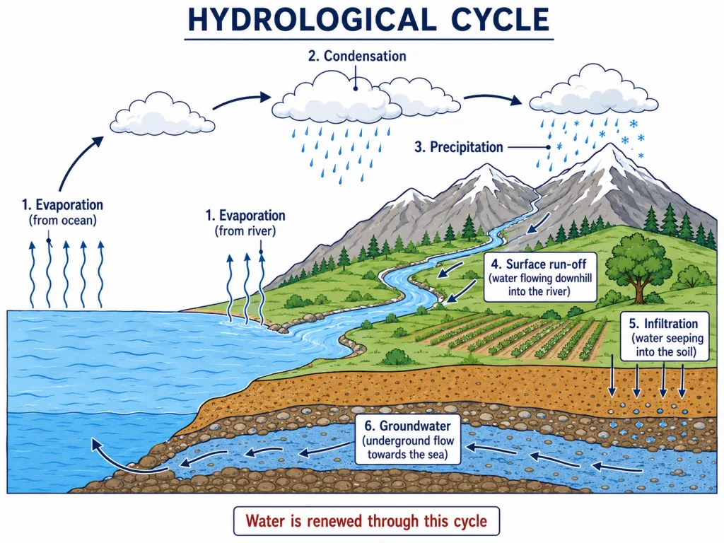 Labelled water cycle from evaporation to infiltration