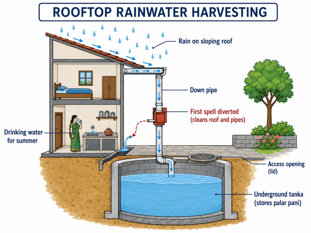 Cut-away of rooftop rainwater harvesting into an underground tank