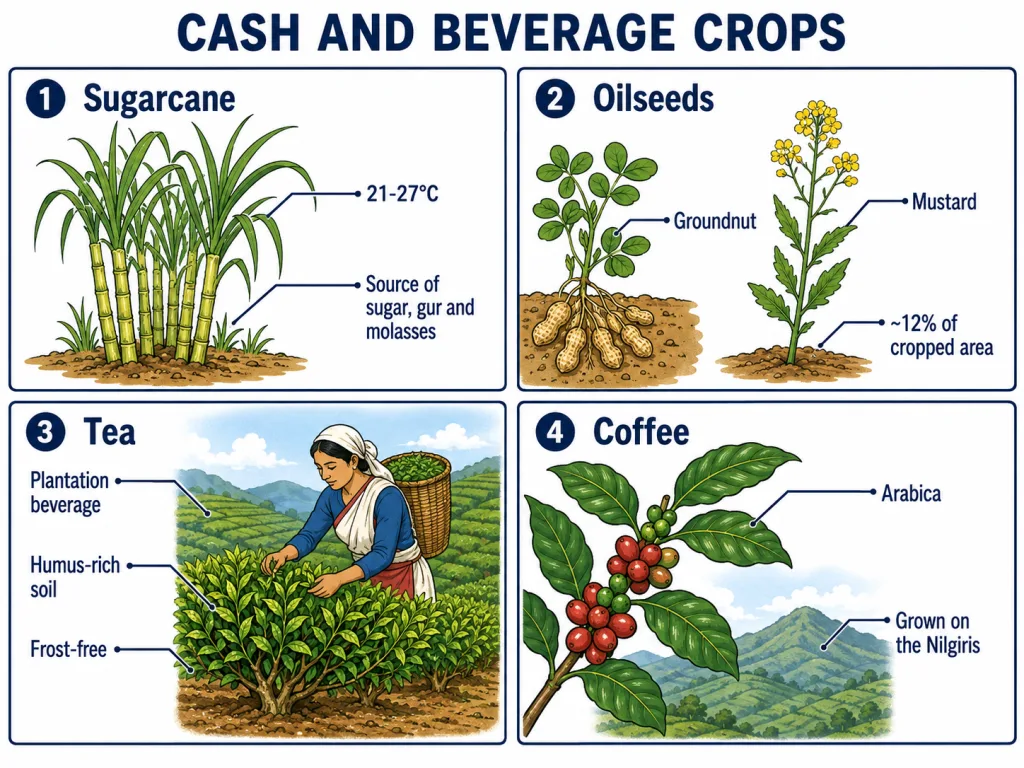 Sugarcane, tea, coffee and other cash and beverage crops