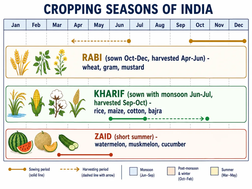 Kharif, rabi and zaid cropping seasons of India