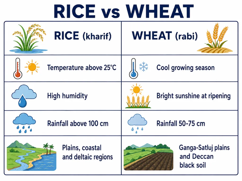Growing conditions of rice compared with wheat