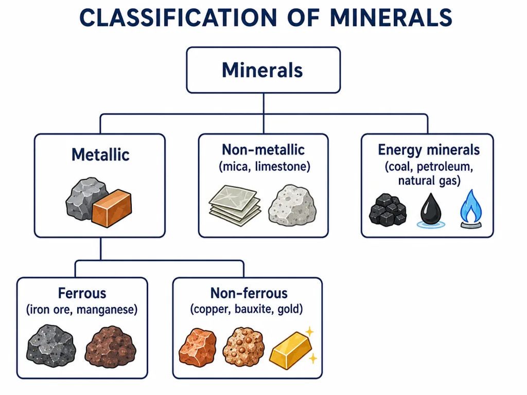 Tree classifying metallic, non-metallic and energy minerals
