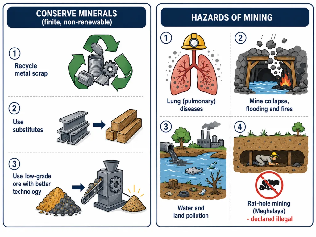Ways to conserve minerals and hazards of mining