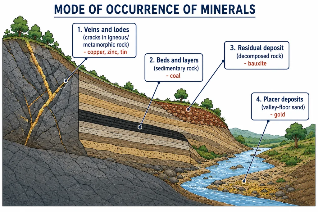 Modes of mineral occurrence in different rocks