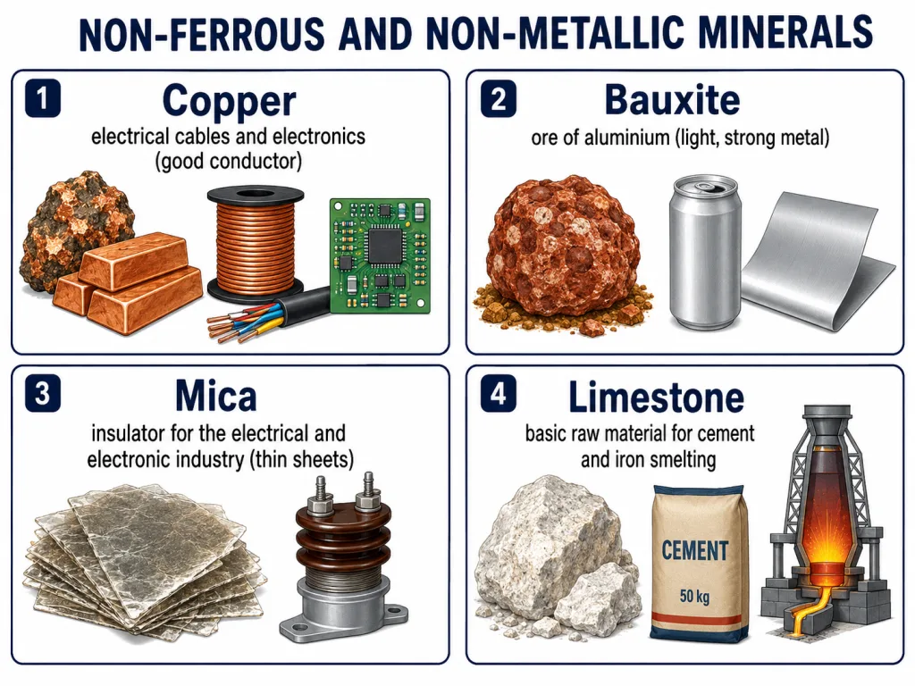 Copper, bauxite, mica and limestone and their uses