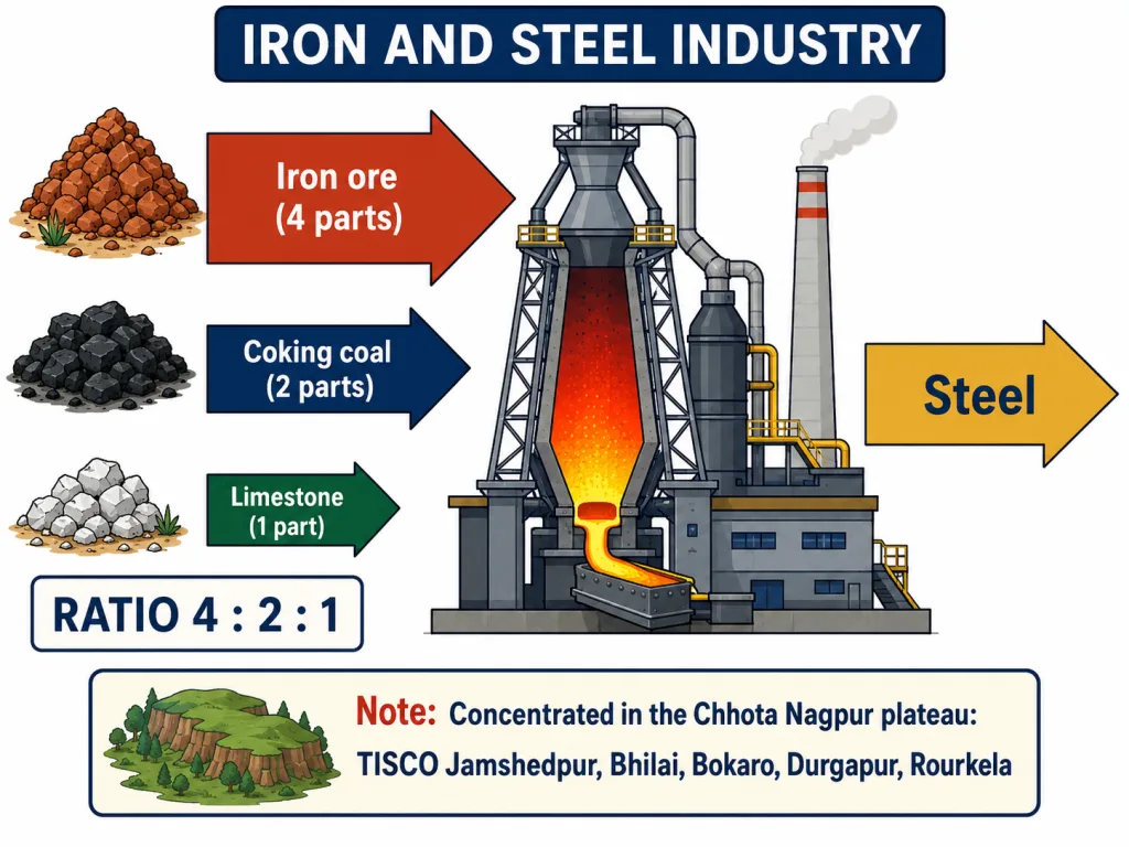 Iron ore, coking coal and limestone feeding a steel plant