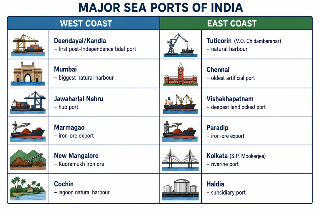 Major sea ports on India east and west coasts