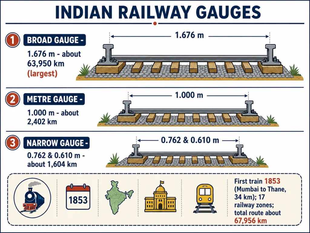 Three railway gauges by track width and length