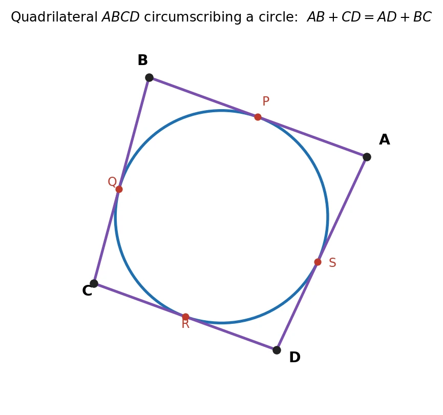 A quadrilateral ABCD drawn around a circle so that all four sides touch it at the points P, Q, R and S, illustrating that the sums of opposite sides are equal: AB plus CD equals AD plus BC.