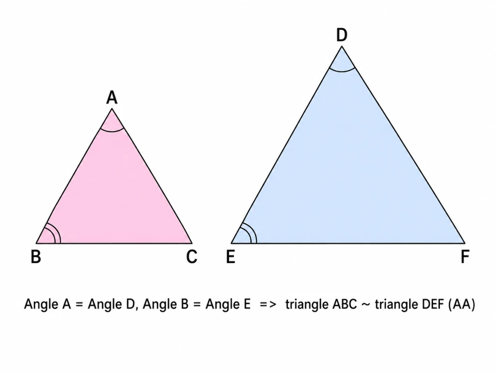 Two separate triangles. The first triangle ABC and the second triangle DEF, drawn at different sizes. Angle A is marked equal to angle D with a single arc, and angle B is marked equal to angle E with a double arc, illustrating the AA similarity criterion that two pairs of equal angles make the triangles similar.