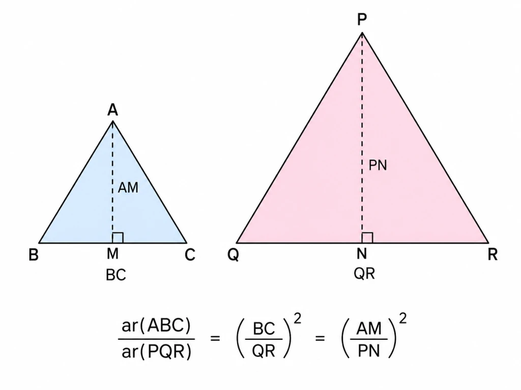 Two similar triangles ABC and PQR of different sizes side by side, each with an altitude drawn from the top vertex to the base (AM in triangle ABC and PN in triangle PQR). Corresponding sides and altitudes are labelled, with a caption showing ar(ABC)/ar(PQR) = (AB/PQ)^2.