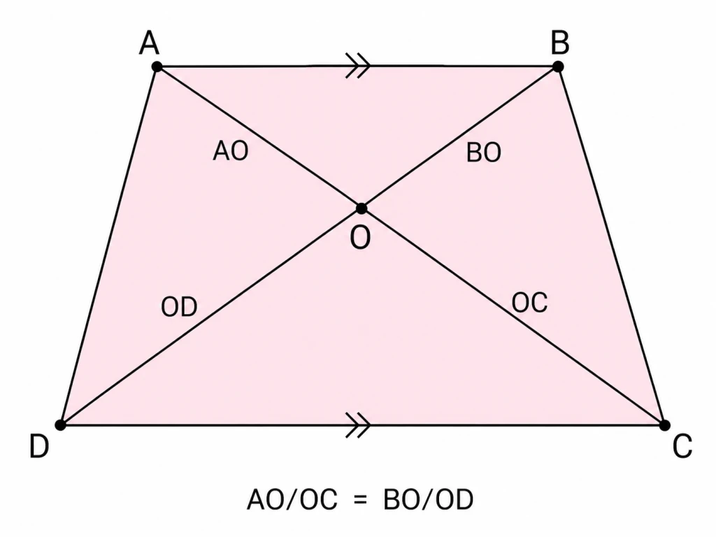 A trapezium ABCD with the longer parallel side DC at the bottom and the shorter parallel side AB at the top, marked AB parallel to DC. The two diagonals AC and BD are drawn, crossing at point O inside. The four segments AO, OC, BO, OD are labelled, illustrating AO/OC = BO/OD.