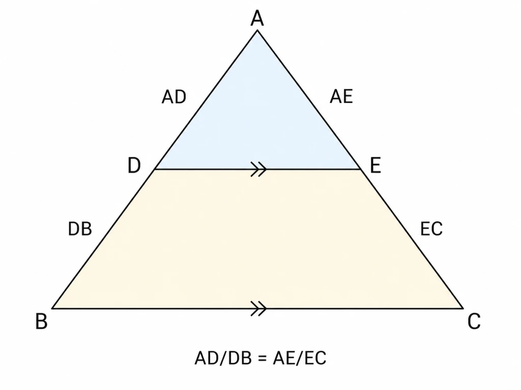 Triangle ABC with vertex A at top, B at bottom-left, C at bottom-right. A line segment DE is drawn parallel to the base BC, with D on side AB and E on side AC. DE is marked parallel to BC with matching arrow marks. The segments AD, DB on the left side and AE, EC on the right side are labelled, illustrating AD/DB = AE/EC.