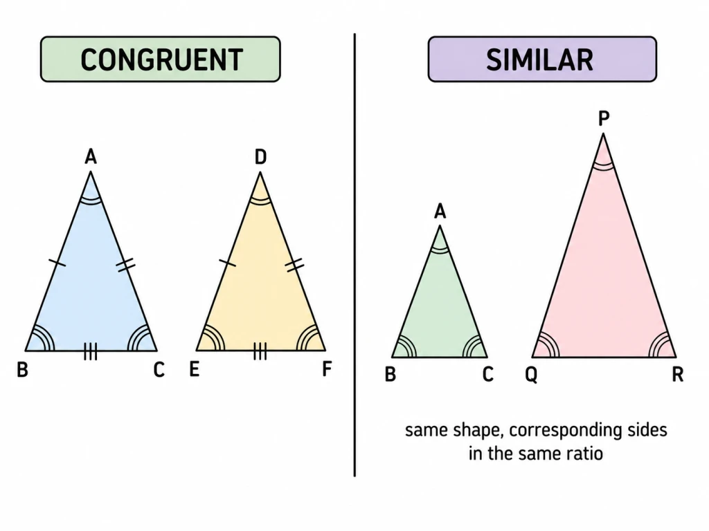A two-panel geometry comparison. Left panel labelled CONGRUENT shows two identical triangles ABC and DEF of exactly the same size and shape side by side, with tick marks showing all corresponding sides equal. Right panel labelled SIMILAR shows a small triangle ABC and a larger triangle PQR of the same shape but different size, with corresponding angles marked equal and a note that corresponding sides are in the same ratio.