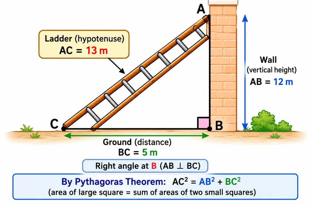 A real-life application diagram: a straight ladder leaning against a vertical wall, forming a right-angled triangle with the ground. The ladder is the hypotenuse, the height up the wall is one leg, and the distance of the foot of the ladder from the wall along the ground is the other leg. Labels mark the ladder length, the wall height, and the ground distance.