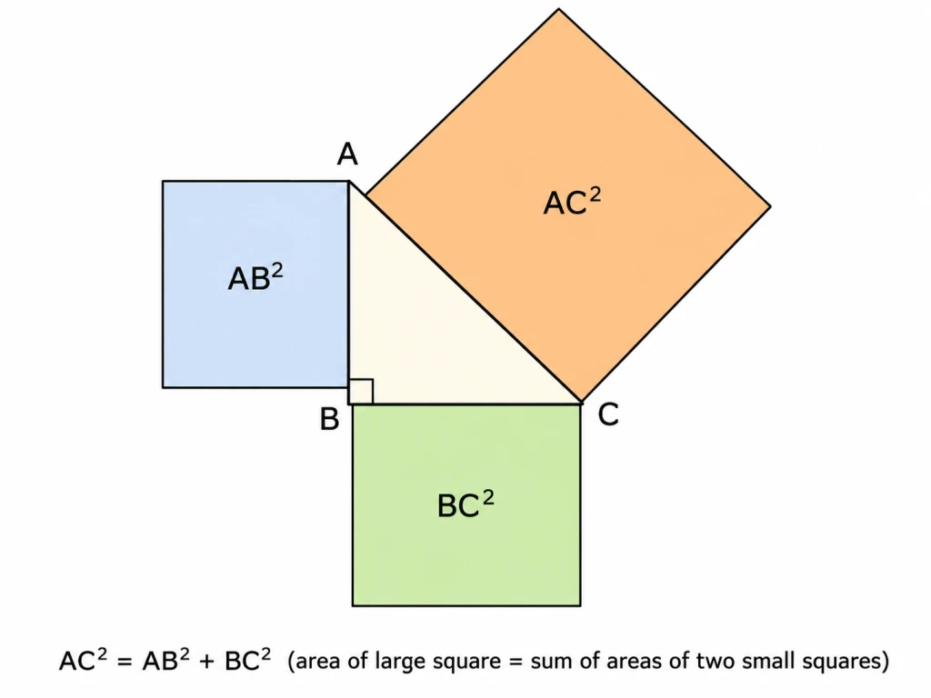 A right-angled triangle ABC with the right angle at B. A square is drawn outward on each of the three sides: a small square on AB, a small square on BC, and the largest square on the hypotenuse AC. Labels show that the area of the square on AC equals the sum of the areas of the squares on AB and BC, illustrating AC squared = AB squared + BC squared.