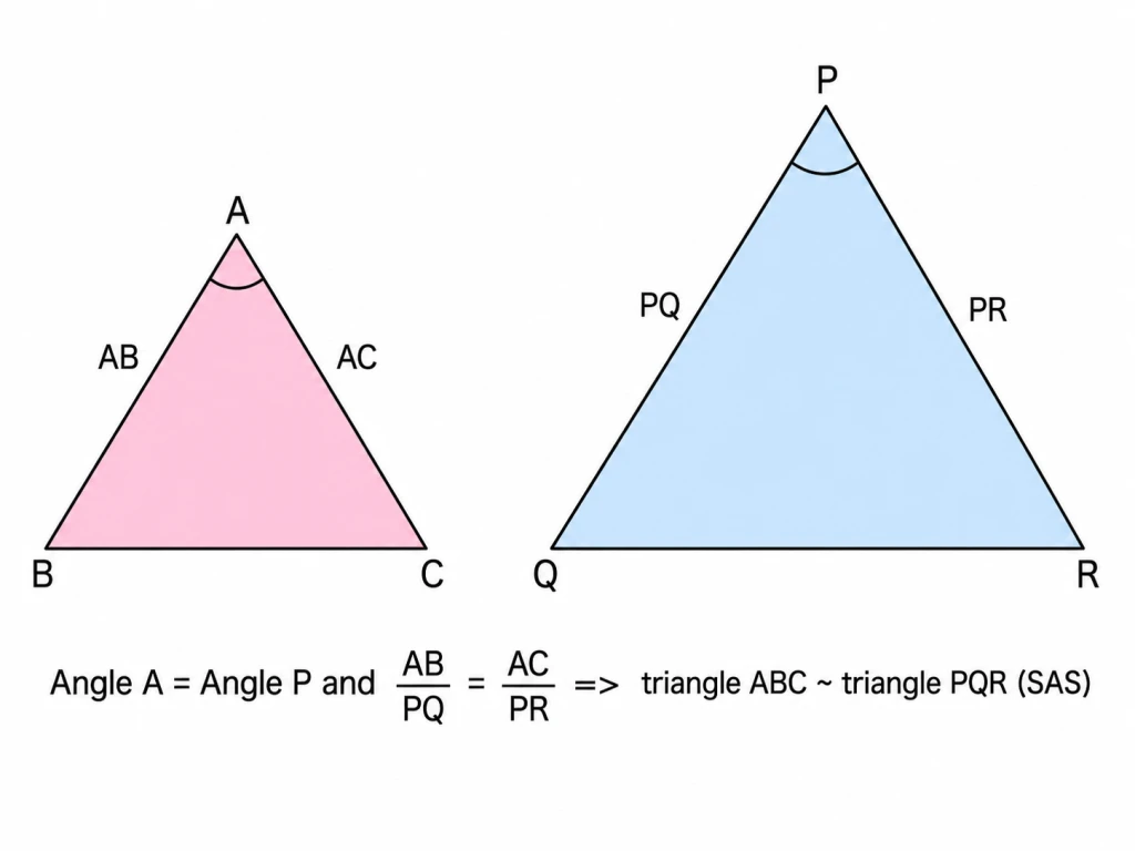 Two triangles illustrating SAS similarity. Triangle ABC and triangle PQR with angle A marked equal to angle P (single arc at each), and the two pairs of sides forming these angles labelled to show AB/PQ = AC/PR, so the triangles are similar by SAS.
