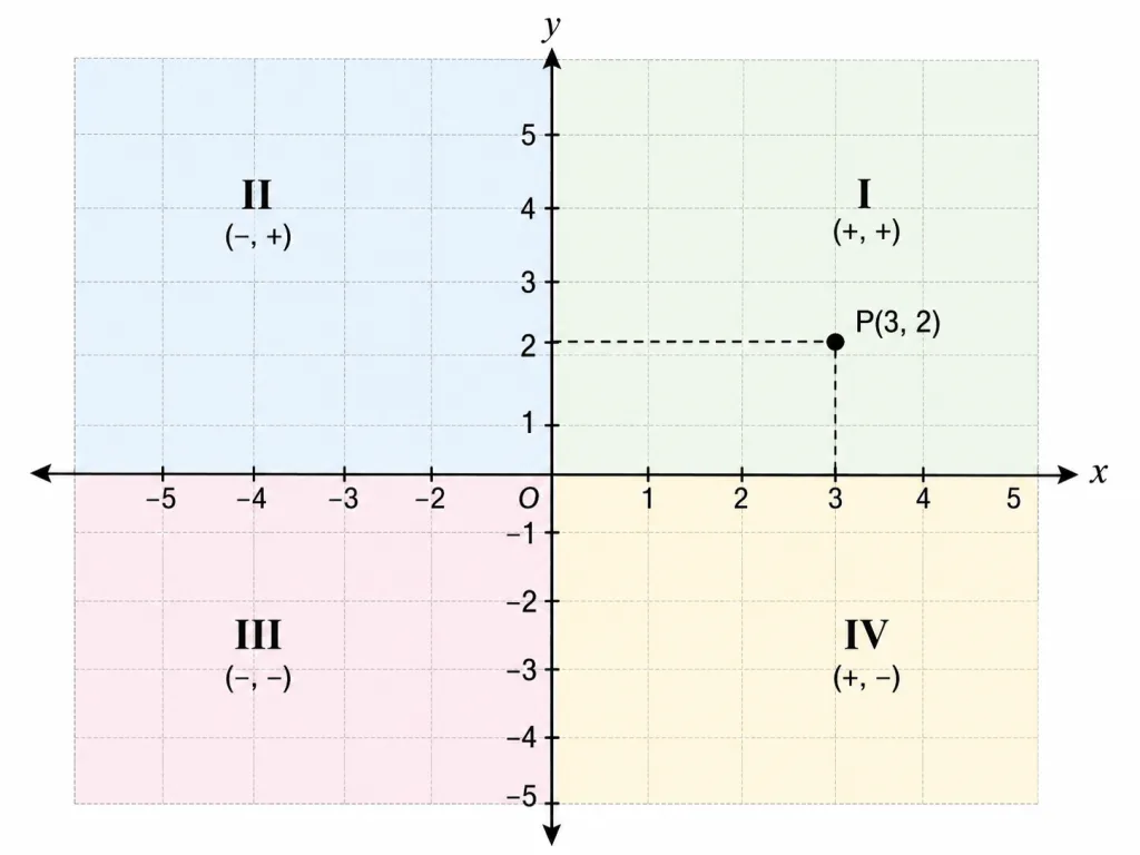 A Cartesian plane diagram showing the horizontal x-axis and vertical y-axis crossing at the origin O. The four quadrants are labelled I, II, III, IV anticlockwise starting from the top right, with the sign of coordinates shown in each quadrant: (+,+) in I, (-,+) in II, (-,-) in III, (+,-) in IV. A sample point P(3,2) is plotted in the first quadrant with dashed guide lines to each axis.