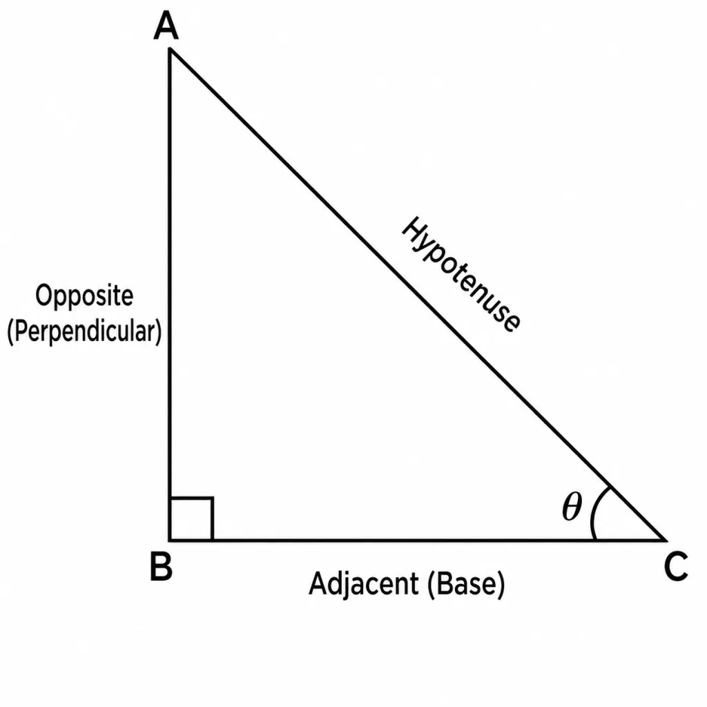 A right-angled triangle ABC with the right angle at B. The acute angle at vertex C is marked theta. The side opposite to theta (AB) is labelled Opposite (or Perpendicular), the side adjacent to theta along the base (BC) is labelled Adjacent (or Base), and the longest side opposite the right angle (AC) is labelled Hypotenuse.