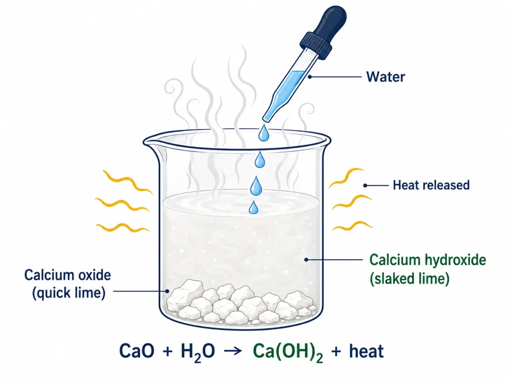 Exothermic combination: calcium oxide and water forming slaked lime