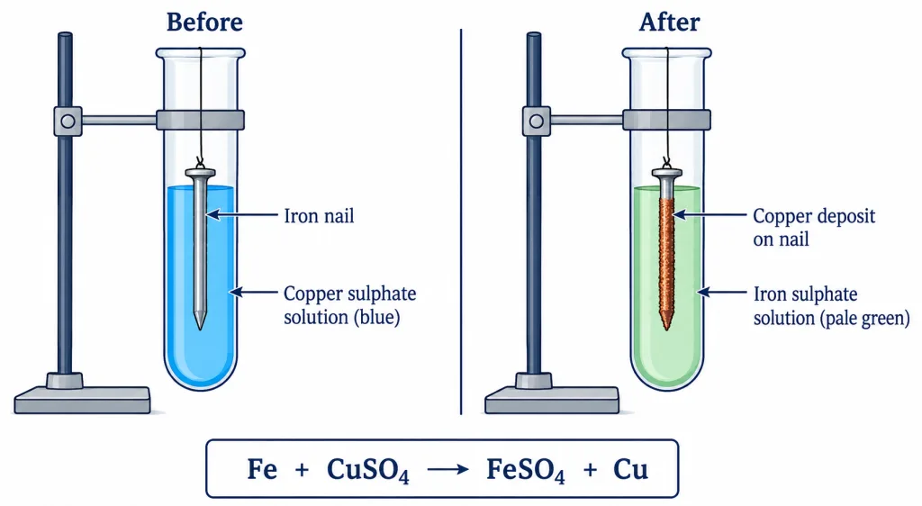 Displacement: iron nail coats with copper in copper sulphate
