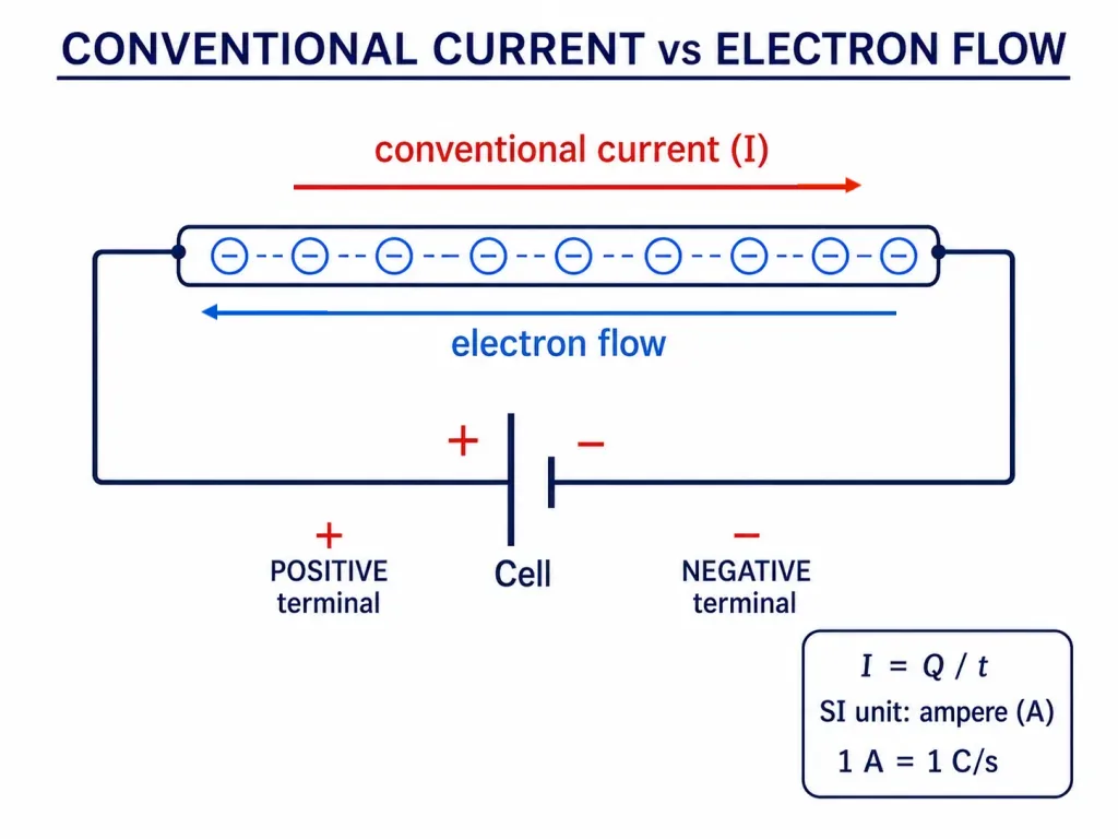 Electron flow opposite to conventional current direction