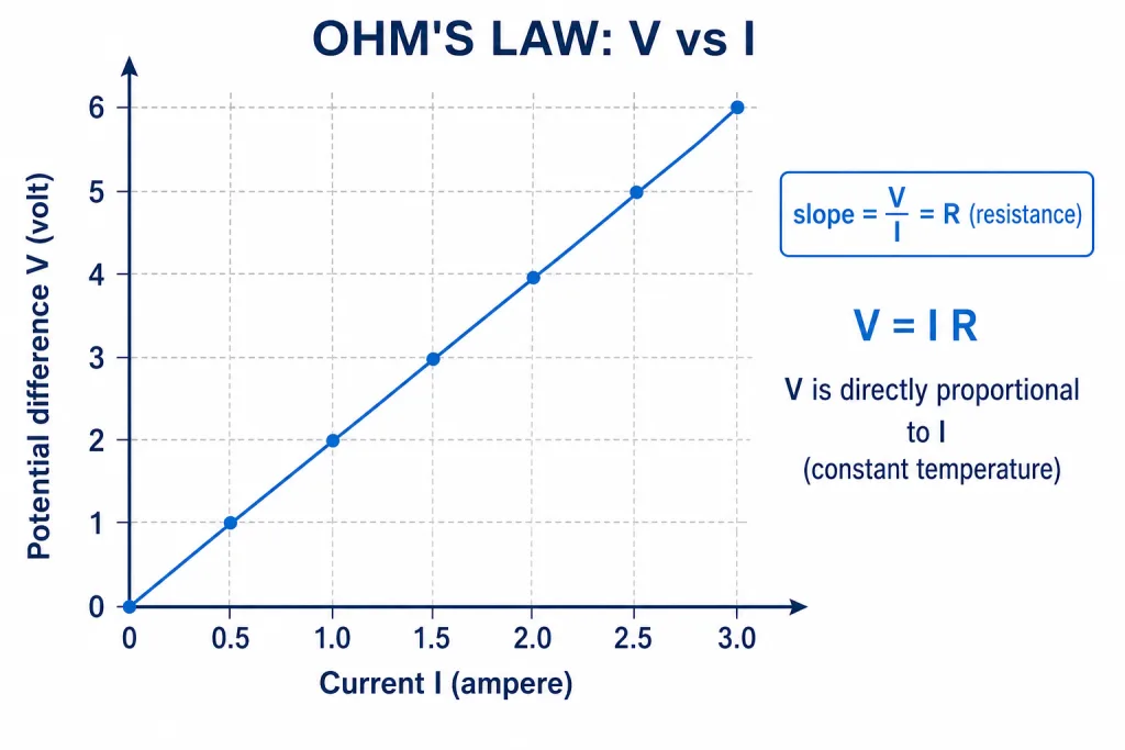 Ohms law V-I graph: straight line through origin