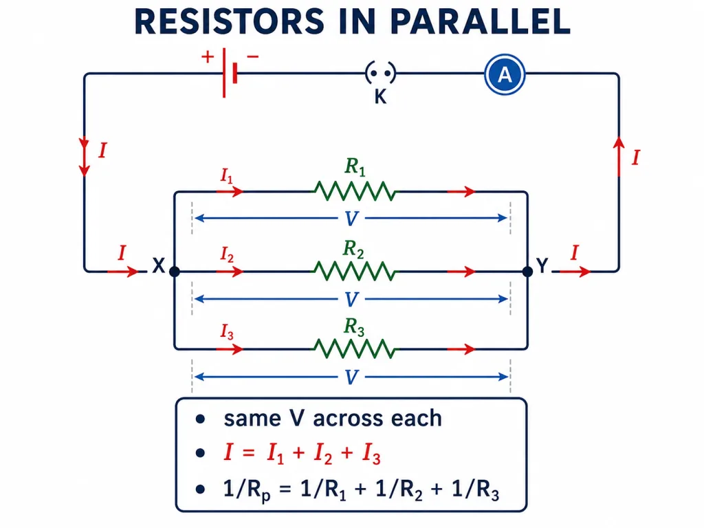 Three resistors connected in parallel across battery