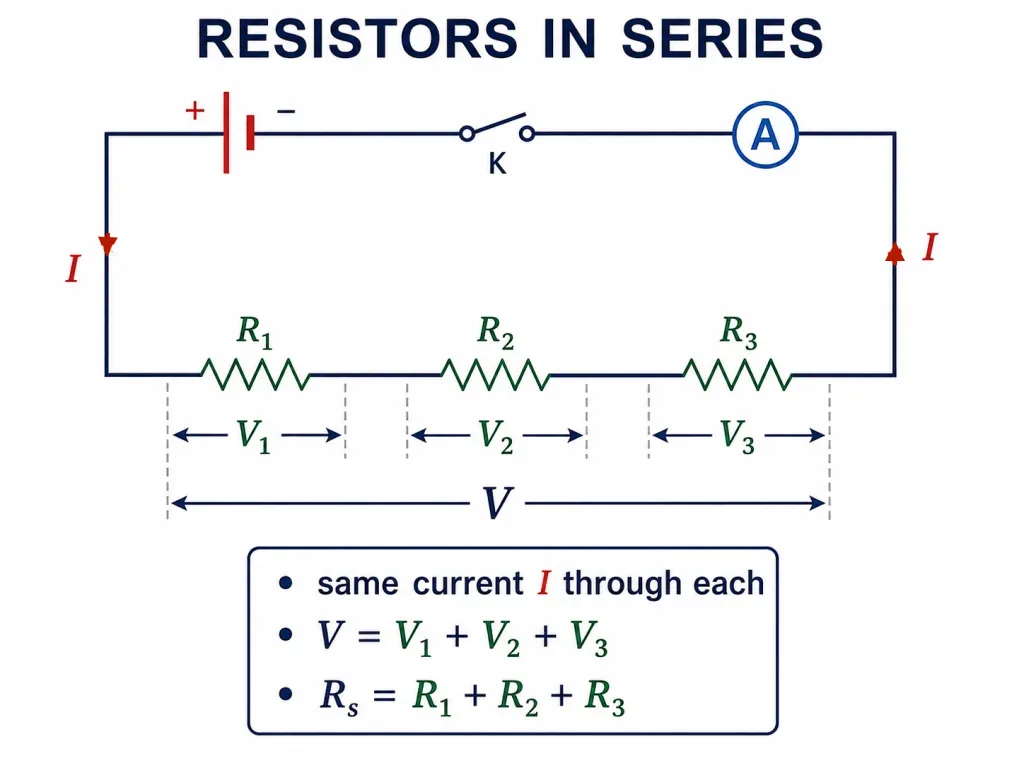 Three resistors connected in series with battery